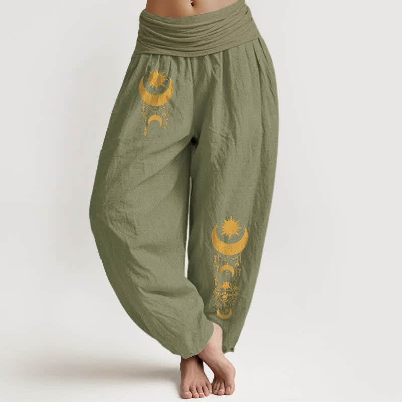 Buddha Stones Pantalones harem de mujer con cintura elástica, estampado de luna creciente dorada y estrellas, de algodón puro. - Verde oliva - US16，UK/AU20，EU48 (3XL) - image 11