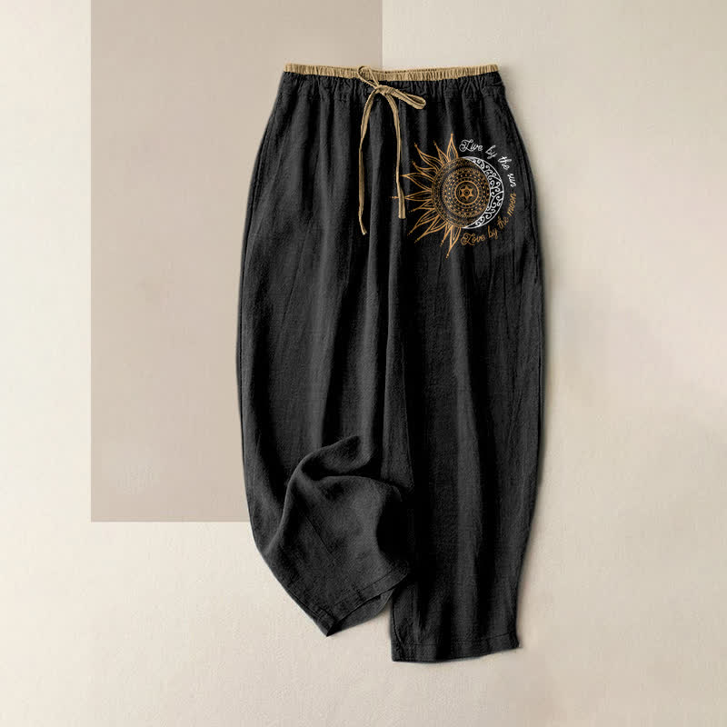 Buddha Stones Pantalones de mujer de algodón puro con estampado de mandala de sol y luna, cintura elástica y bolsillos. - Negro - US16，UK/AU20，EU48 (3XL) - image 0