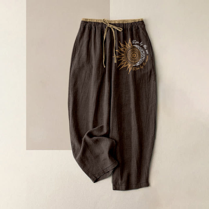 Buddha Stones Pantalones de mujer de algodón puro con estampado de mandala de sol y luna, cintura elástica y bolsillos. - Marrón silla de montar - US16，UK/AU20，EU48 (3XL) - image 4