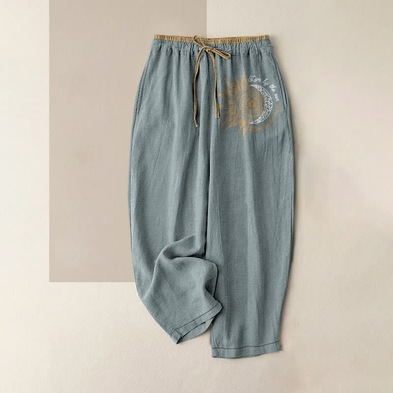 Buddha Stones Pantalones de mujer de algodón puro con estampado de mandala de sol y luna, cintura elástica y bolsillos. - Azul claro - US16，UK/AU20，EU48 (3XL) - image 8
