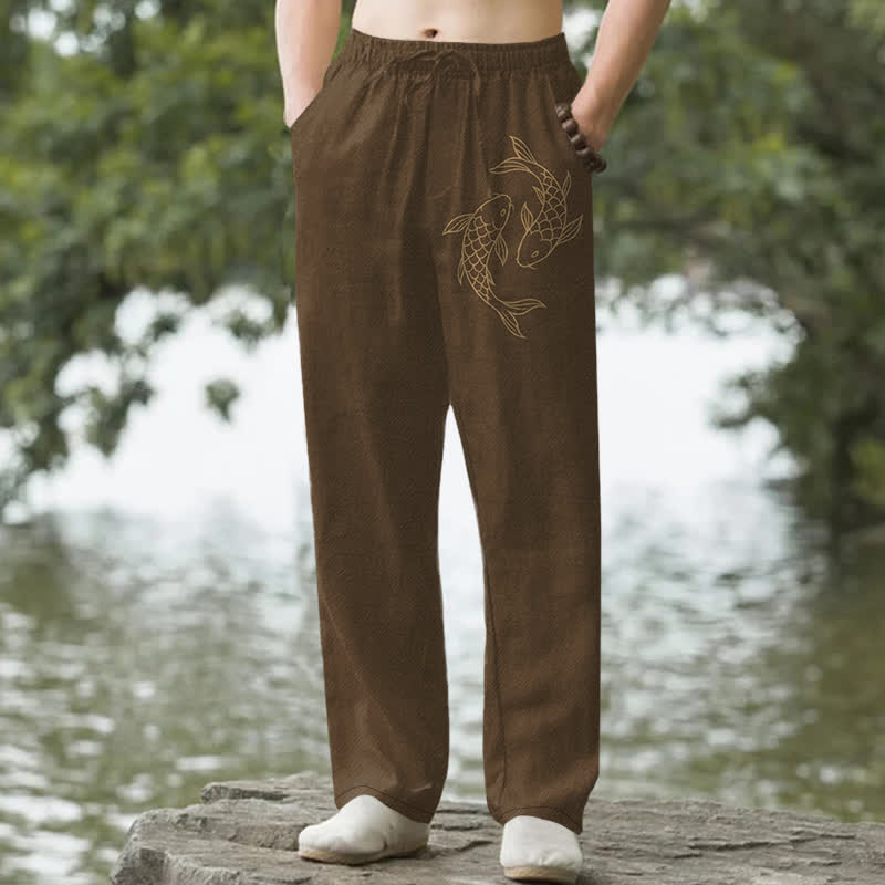 Buddha Stones Pantalones de hombre de algodón con estampado de carpas doradas, corte ajustado y bolsillos. - Marrón silla de montar - US/UK/AU50, EU60 (5XL) - image 6