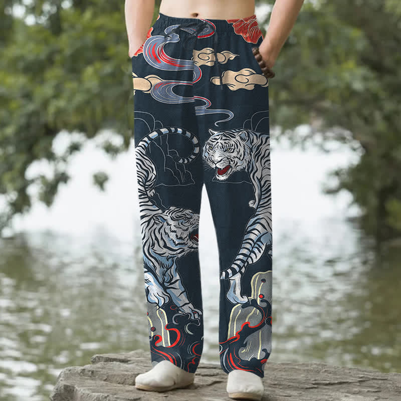 Buddha Stones Pantalones de hombre de algodón blanco con estampado de tigre y nubes, corte ajustado y bolsillos. - Marina de guerra - US/UK/AU50, EU60 (5XL) - image 4