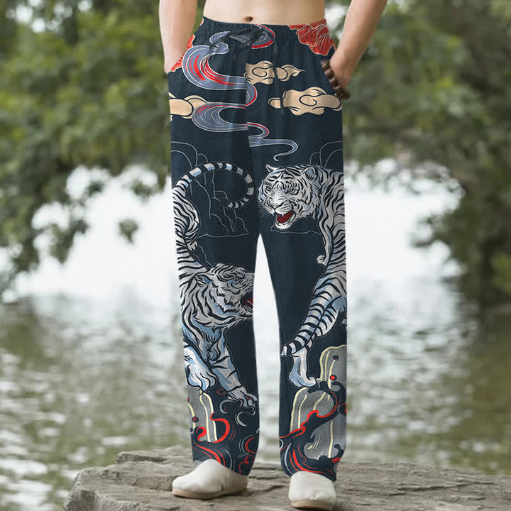 Buddha Stones Pantalones de hombre de algodón blanco con estampado de tigre y nubes, corte ajustado y bolsillos. - Marina de guerra - US/UK/AU50, EU60 (5XL) - image 4
