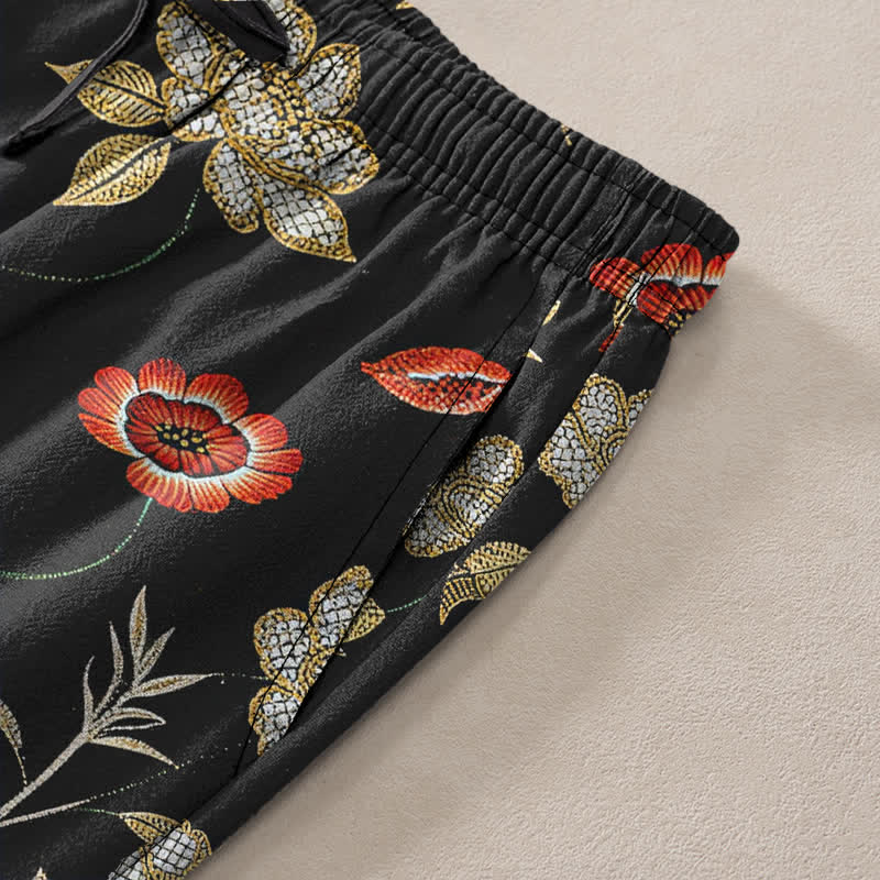 Buddha Stones Pantalones de hombre de algodón con estampado floral de bambú y diseño de tigre, corte ajustado y bolsillos. - image 3