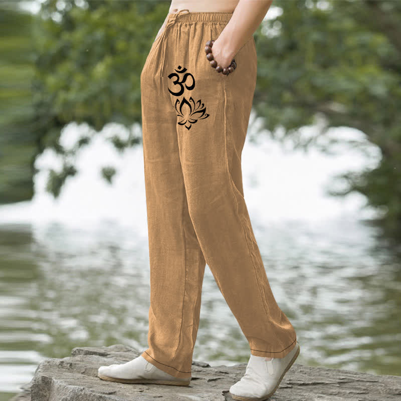 Buddha Stones Pantalones de hombre de algodón con estampado Om de loto, corte ajustado y bolsillos. - image 5