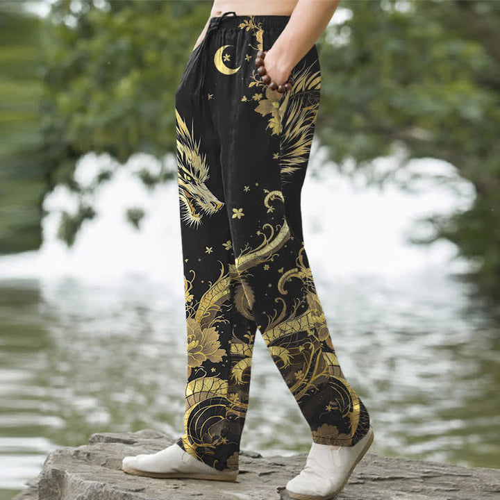 Buddha Stones Pantalones de hombre de algodón con estampado de nube y dragón dorado, corte ajustado y bolsillos. - image 1