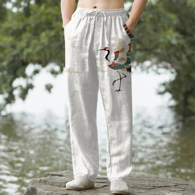 Buddha Stones Pantalones de hombre de algodón blanco con estampado de grullas y olas, corte cónico y bolsillos. - Blanco - US/UK/AU50, EU60 (5XL) - image 0