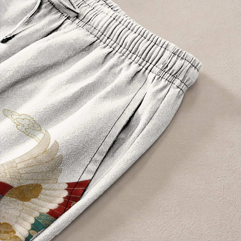 Buddha Stones Pantalones de hombre de algodón blanco con estampado de grullas y olas, corte cónico y bolsillos. - image 3