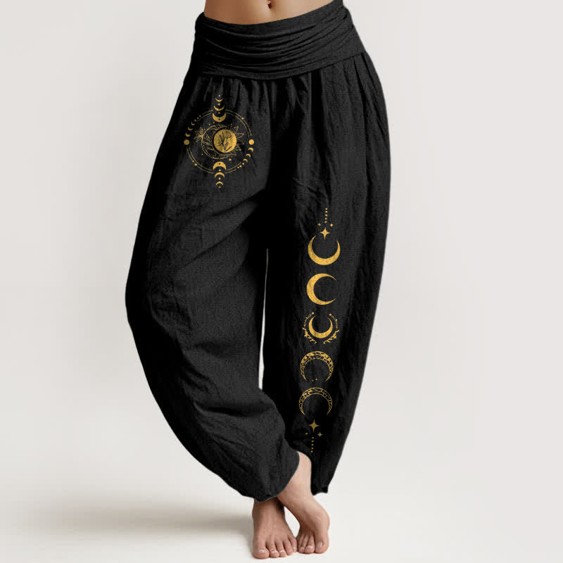 Buddha Stones Pantalones harem de mujer con cintura elástica y estampado de fases lunares doradas, de algodón puro. - Negro - US16，UK/AU20，EU48 (3XL) - image 0