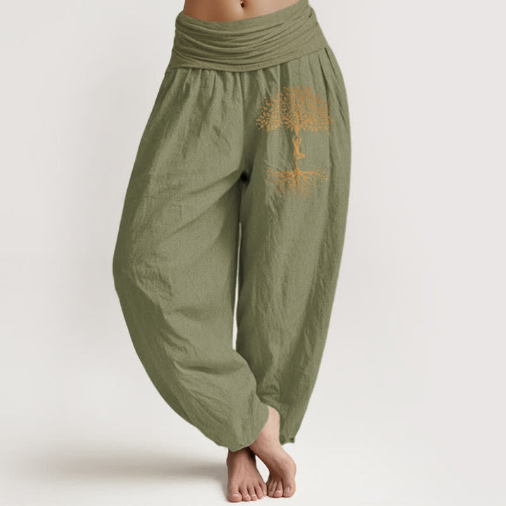 Buddha Stones Pantalones harem de mujer con cintura elástica y estampado del Árbol de la Vida Dorado, de algodón puro. - Verde oliva - US16，UK/AU20，EU48 (3XL) - image 11
