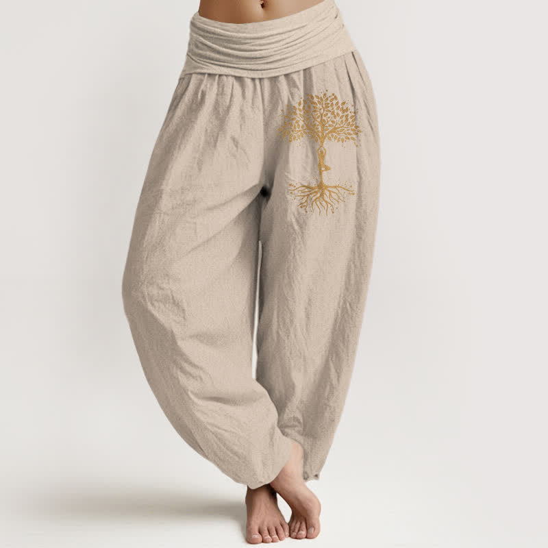 Buddha Stones Pantalones harem de mujer con cintura elástica y estampado del Árbol de la Vida Dorado, de algodón puro. - Broncearse - US16，UK/AU20，EU48 (3XL) - image 14
