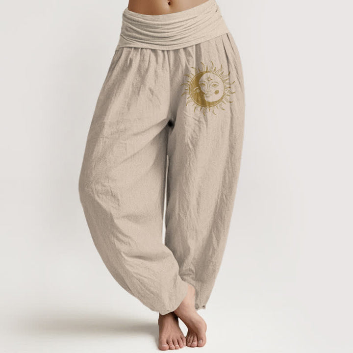 Buddha Stones Pantalones harem de algodón puro con estampado de sol y luna dorados para mujer con cintura elástica. - Broncearse - US16，UK/AU20，EU48 (3XL) - image 14