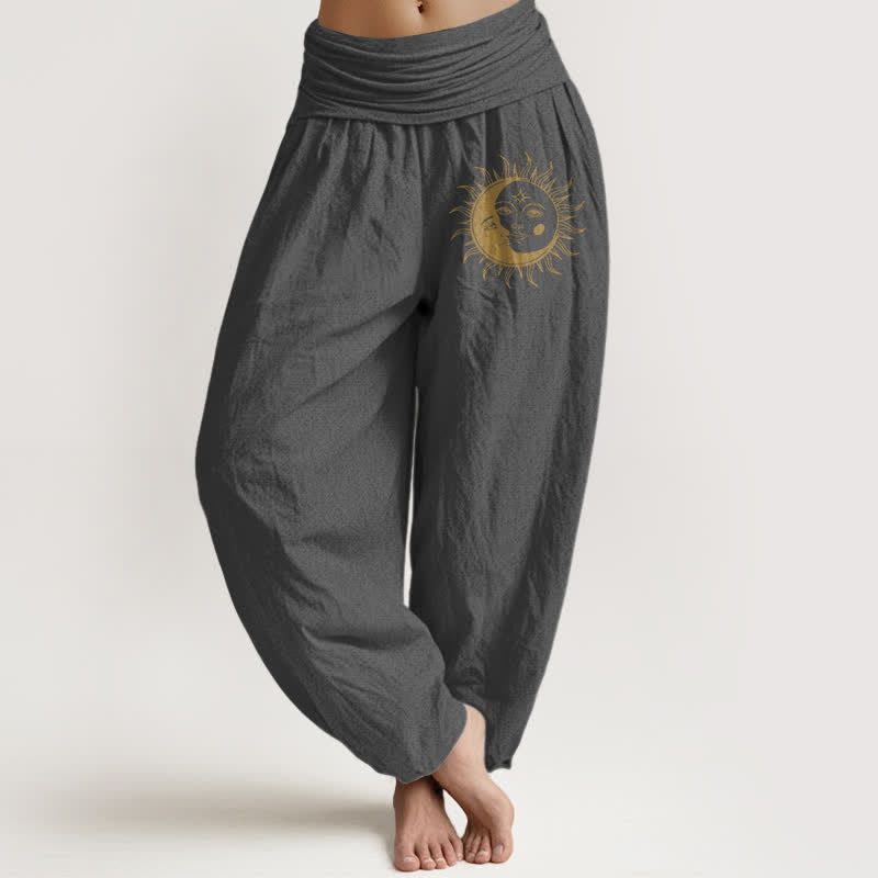 Buddha Stones Pantalones harem de algodón puro con estampado de sol y luna dorados para mujer con cintura elástica. - Gris oscuro - US16，UK/AU20，EU48 (3XL) - image 5