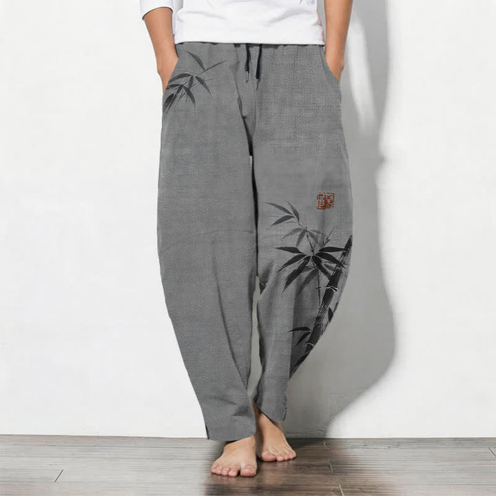 Buddha Stones Pantalones de hombre de algodón puro con estampado de bambú, cordón ajustable y corte cónico, con bolsillos. - Gris - US/UK/AU50, EU60 (5XL) - image 0