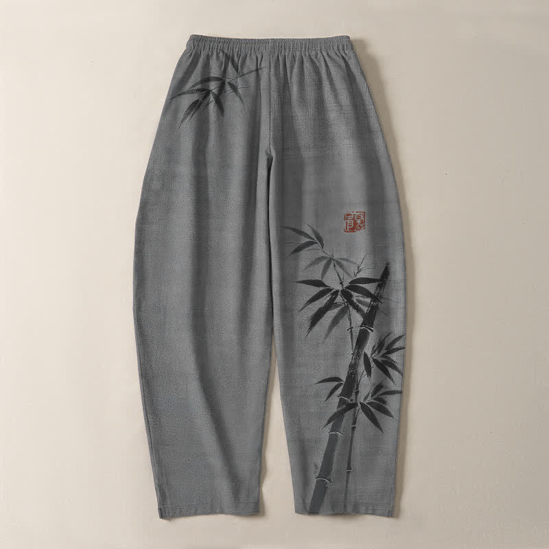 Buddha Stones Pantalones de hombre de algodón puro con estampado de bambú, cordón ajustable y corte cónico, con bolsillos. - image 3