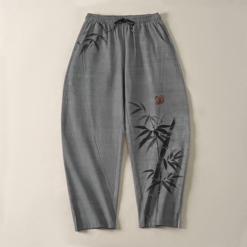Buddha Stones Pantalones de hombre de algodón puro con estampado de bambú, cordón ajustable y corte cónico, con bolsillos. - image 2