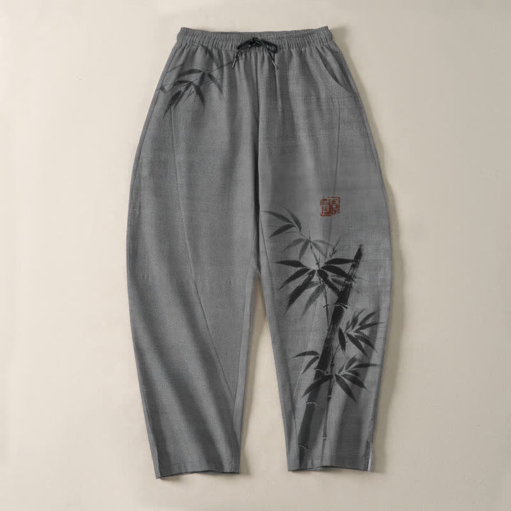 Buddha Stones Pantalones de hombre de algodón puro con estampado de bambú, cordón ajustable y corte cónico, con bolsillos. - image 2