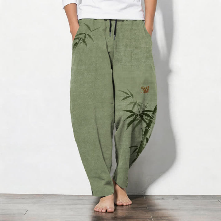 Buddha Stones Pantalones de hombre de algodón puro con estampado de bambú, cordón ajustable y corte cónico, con bolsillos. - Verde oliva - US/UK/AU50, EU60 (5XL) - image 7