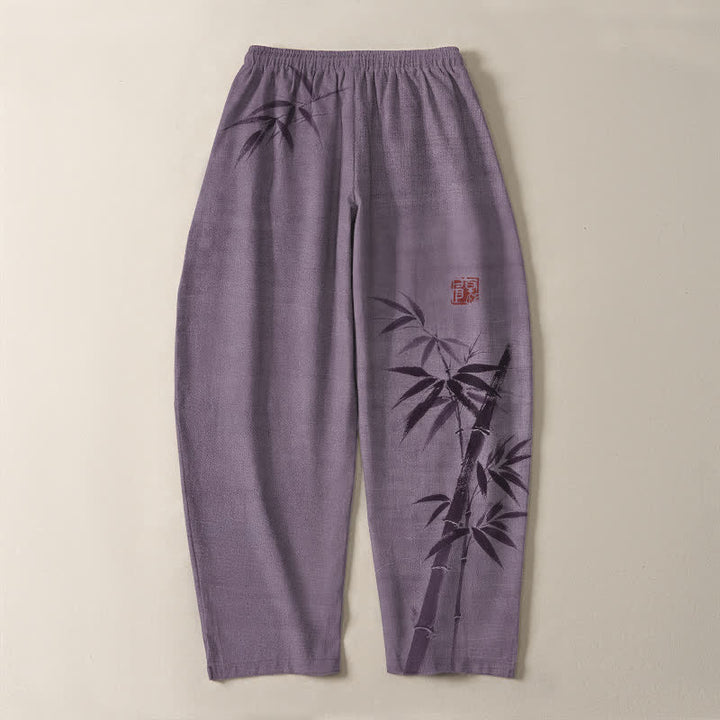 Buddha Stones Pantalones de hombre de algodón puro con estampado de bambú, cordón ajustable y corte cónico, con bolsillos. - image 14