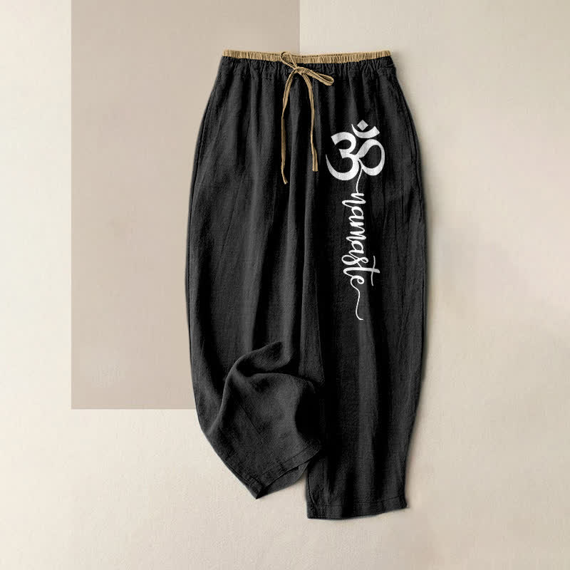 Buddha Stones Pantalones de mujer de algodón puro con estampado del símbolo Om, cintura elástica y bolsillos. - Negro - US16，UK/AU20，EU48 (3XL) - image 4