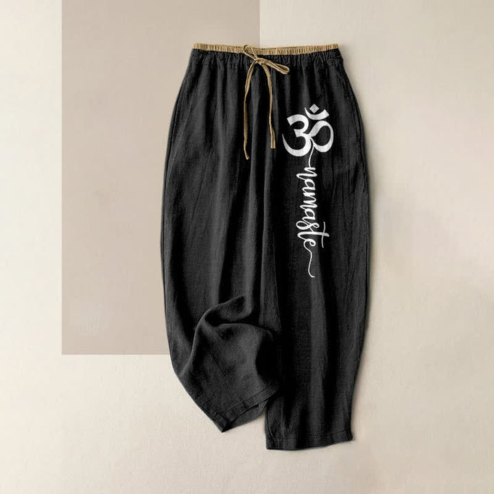 Buddha Stones Pantalones de mujer de algodón puro con estampado del símbolo Om, cintura elástica y bolsillos. - Negro - US16，UK/AU20，EU48 (3XL) - image 4
