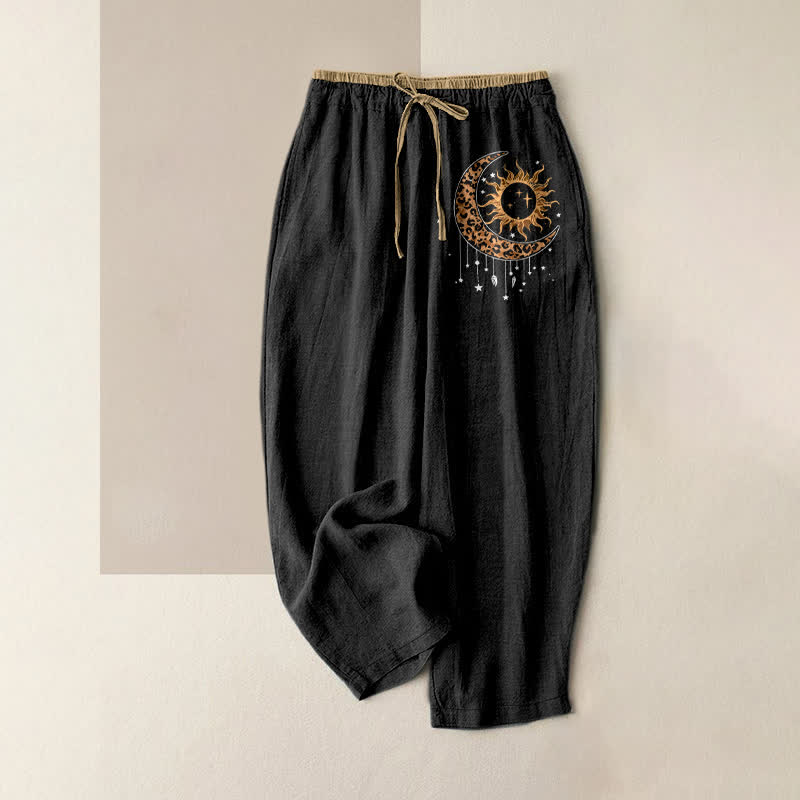 Buddha Stones Pantalones de mujer de algodón puro con estampado de sol y luna celestiales, cintura elástica y bolsillos. - Negro - US16，UK/AU20，EU48 (3XL) - image 0