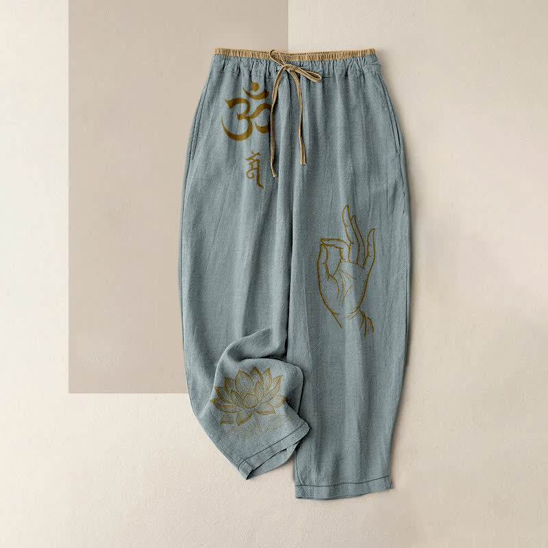 Buddha Stones Pantalones de mujer de algodón puro con estampado de loto sagrado Om y cintura elástica con bolsillos. - Azul claro - US16，UK/AU20，EU48 (3XL) - image 8
