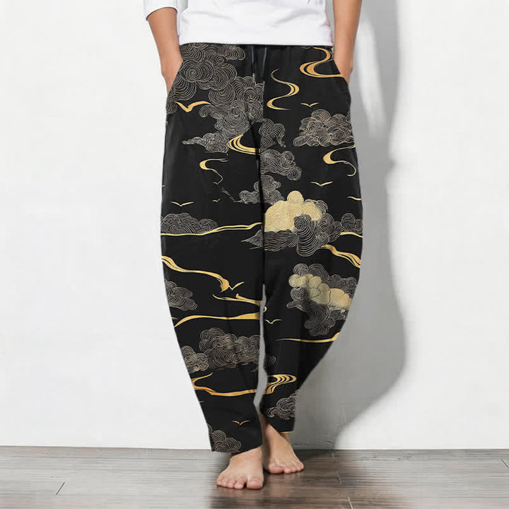 Buddha Stones Pantalones de hombre de algodón puro con estampado de nubes doradas y cordón ajustable, corte cónico y bolsillos. - Negro - US/UK/AU50, EU60 (5XL) - image 0