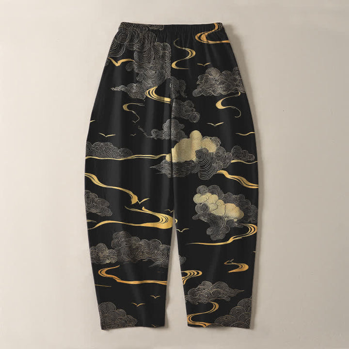 Buddha Stones Pantalones de hombre de algodón puro con estampado de nubes doradas y cordón ajustable, corte cónico y bolsillos. - image 3