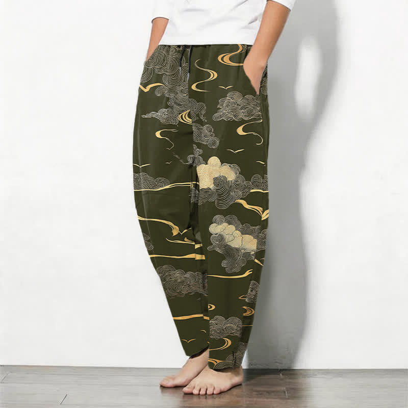 Buddha Stones Pantalones de hombre de algodón puro con estampado de nubes doradas y cordón ajustable, corte cónico y bolsillos. - image 8