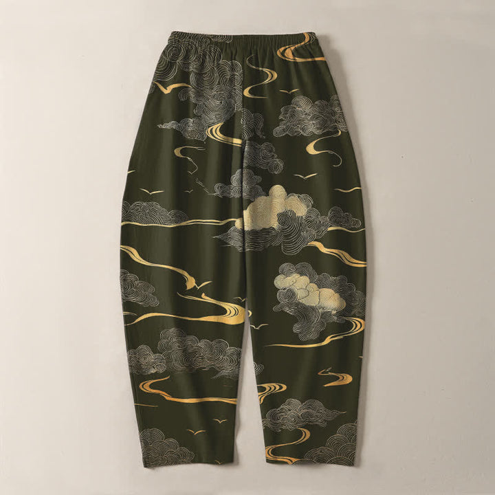 Buddha Stones Pantalones de hombre de algodón puro con estampado de nubes doradas y cordón ajustable, corte cónico y bolsillos. - image 10