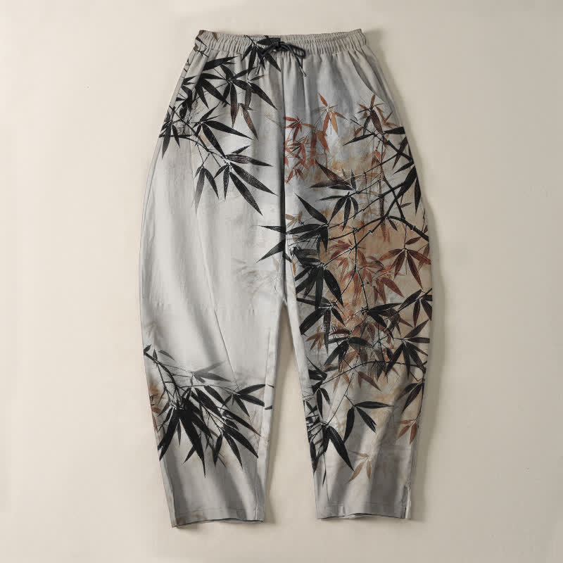 Buddha Stones Pantalones de hombre de algodón puro con estampado de hojas de bambú, cordón ajustable y corte cónico, con bolsillos. - image 2