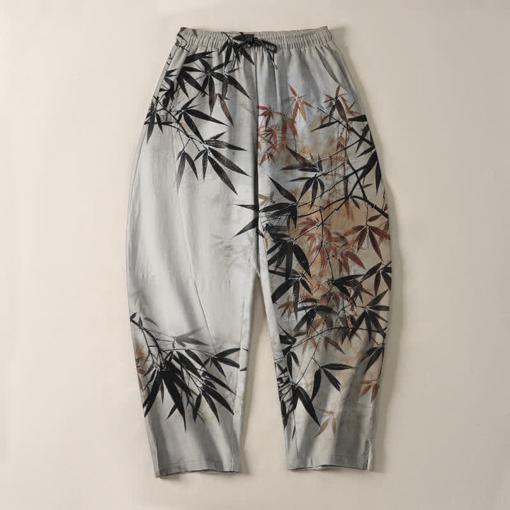 Buddha Stones Pantalones de hombre de algodón puro con estampado de hojas de bambú, cordón ajustable y corte cónico, con bolsillos. - image 2