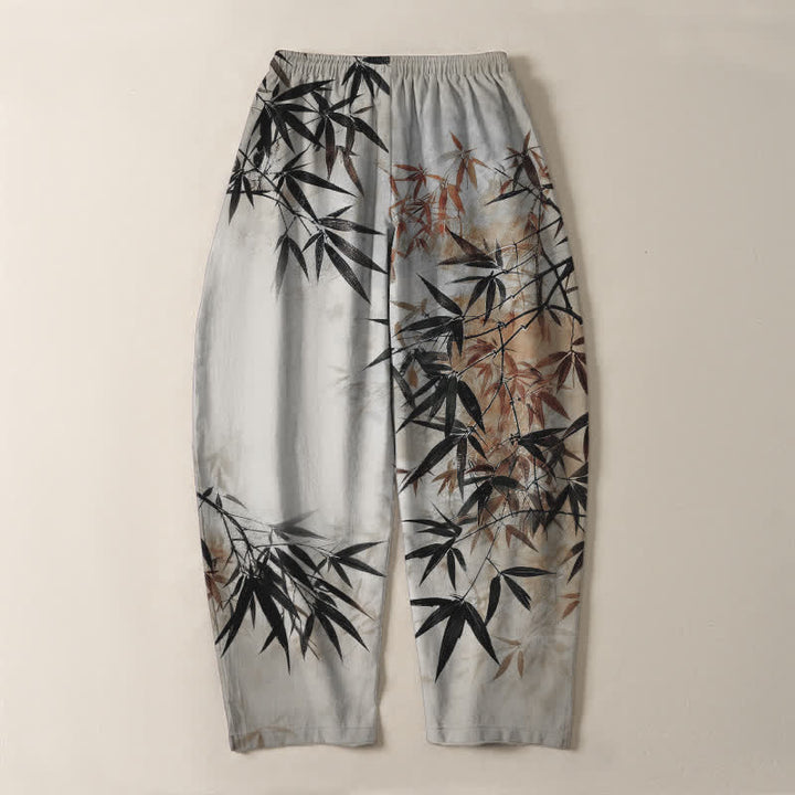 Buddha Stones Pantalones de hombre de algodón puro con estampado de hojas de bambú, cordón ajustable y corte cónico, con bolsillos. - image 3