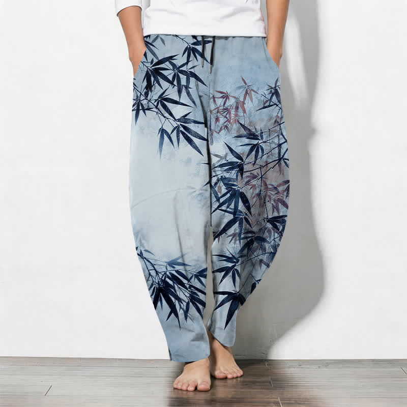 Buddha Stones Pantalones de hombre de algodón puro con estampado de hojas de bambú, cordón ajustable y corte cónico, con bolsillos. - Azul claro - US/UK/AU50, EU60 (5XL) - image 7