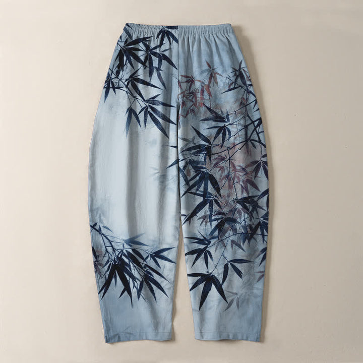 Buddha Stones Pantalones de hombre de algodón puro con estampado de hojas de bambú, cordón ajustable y corte cónico, con bolsillos. - image 10