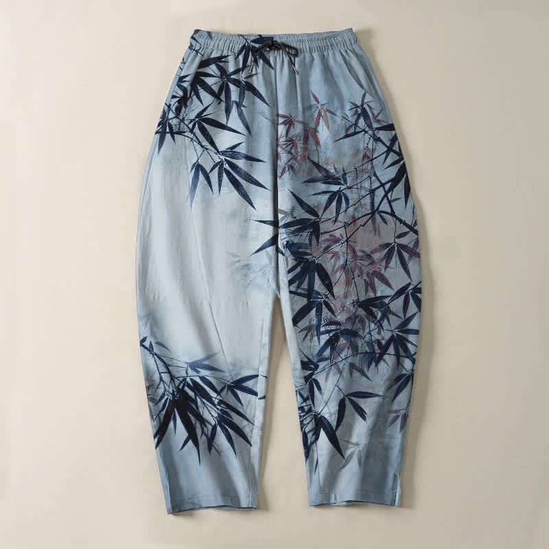 Buddha Stones Pantalones de hombre de algodón puro con estampado de hojas de bambú, cordón ajustable y corte cónico, con bolsillos. - image 9