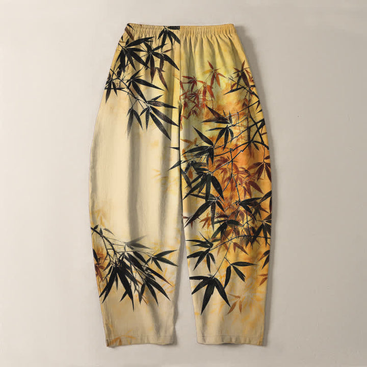 Buddha Stones Pantalones de hombre de algodón puro con estampado de hojas de bambú, cordón ajustable y corte cónico, con bolsillos. - image 14