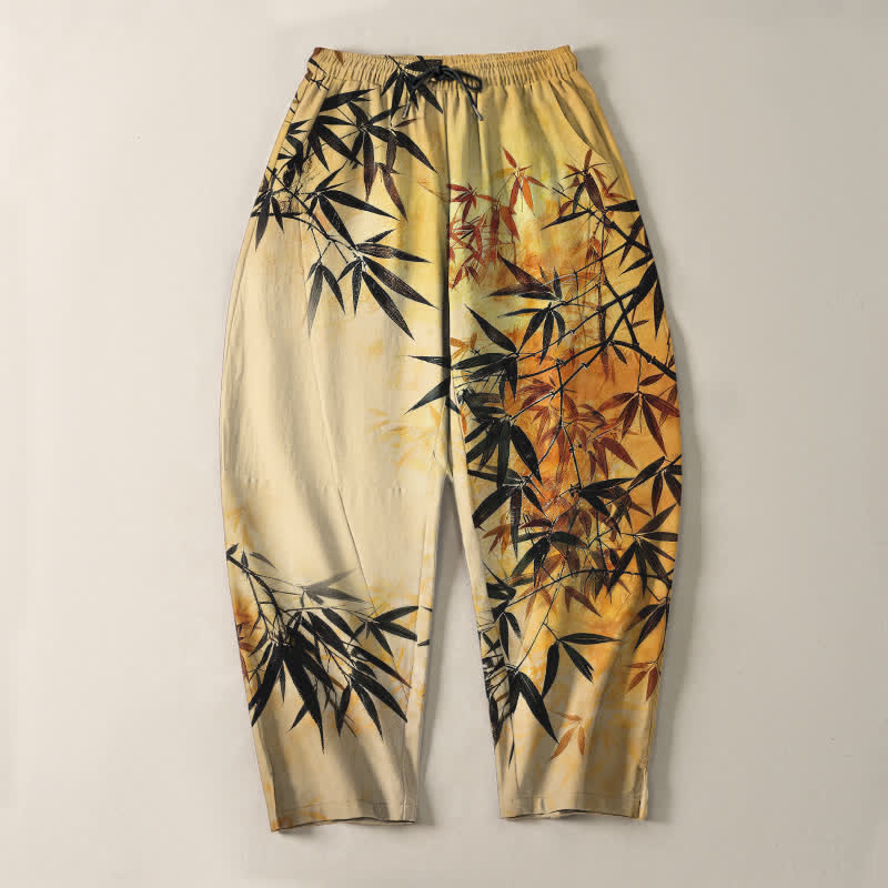 Buddha Stones Pantalones de hombre de algodón puro con estampado de hojas de bambú, cordón ajustable y corte cónico, con bolsillos. - image 13