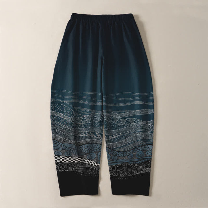 Buddha Stones Pantalones de hombre de algodón puro con estampado tribal de ondas, cordón ajustable y corte cónico, con bolsillos. - image 3