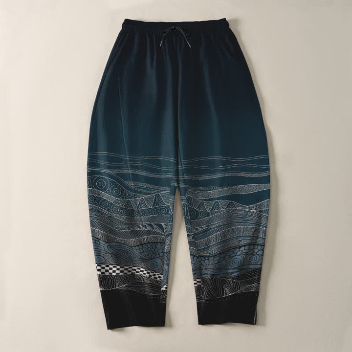 Buddha Stones Pantalones de hombre de algodón puro con estampado tribal de ondas, cordón ajustable y corte cónico, con bolsillos. - image 2