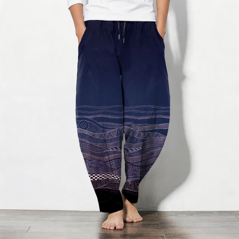 Buddha Stones Pantalones de hombre de algodón puro con estampado tribal de ondas, cordón ajustable y corte cónico, con bolsillos. - Marina de guerra - US/UK/AU50, EU60 (5XL) - image 7