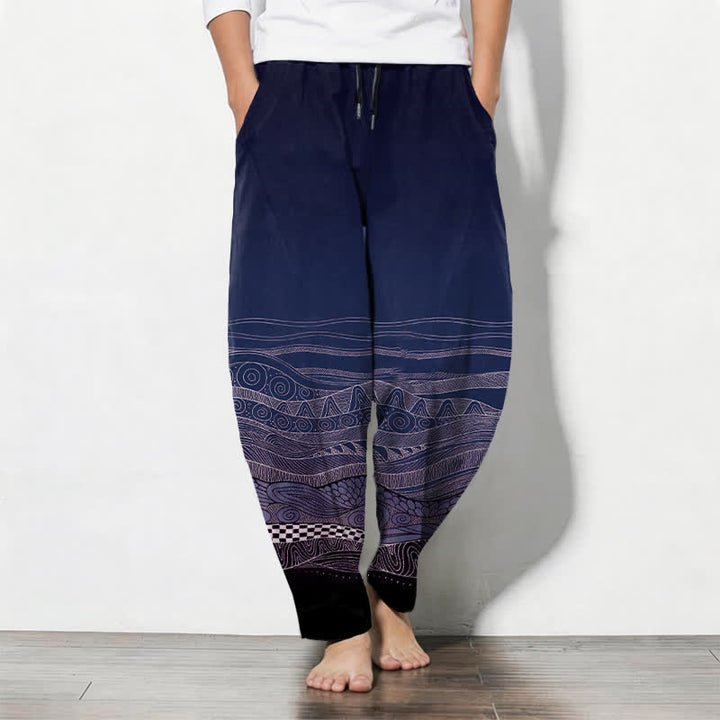 Buddha Stones Pantalones de hombre de algodón puro con estampado tribal de ondas, cordón ajustable y corte cónico, con bolsillos. - Marina de guerra - US/UK/AU50, EU60 (5XL) - image 7