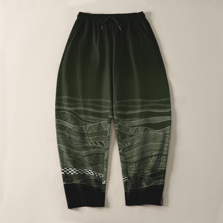 Buddha Stones Pantalones de hombre de algodón puro con estampado tribal de ondas, cordón ajustable y corte cónico, con bolsillos. - image 13