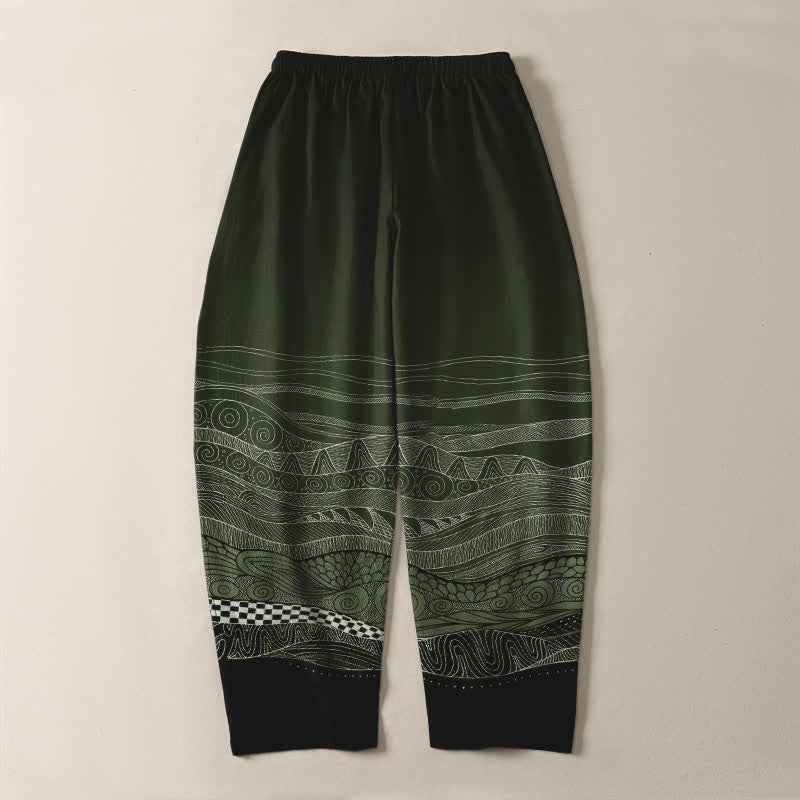 Buddha Stones Pantalones de hombre de algodón puro con estampado tribal de ondas, cordón ajustable y corte cónico, con bolsillos. - image 14