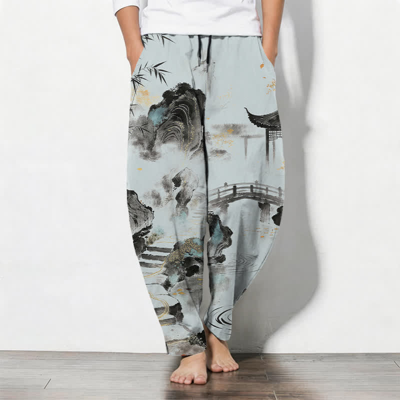 Buddha Stones Pantalones de hombre de algodón puro con estampado de paisaje de bambú, cordón ajustable y corte cónico, con bolsillos. - Azul claro - US/UK/AU50, EU60 (5XL) - image 7