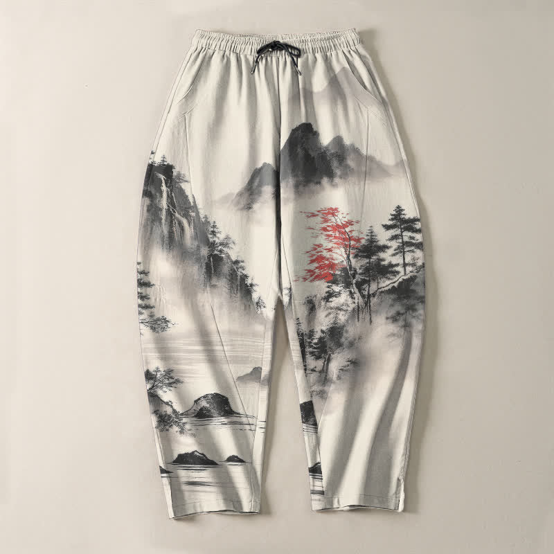 Buddha Stones Pantalones de hombre de algodón puro con estampado de paisaje de montaña lavado a la tinta, cordón ajustable y corte cónico con bolsillos. - image 2