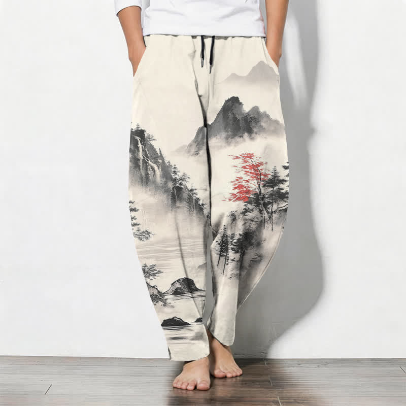 Buddha Stones Pantalones de hombre de algodón puro con estampado de paisaje de montaña lavado a la tinta, cordón ajustable y corte cónico con bolsillos. - Blanco - US/UK/AU50, EU60 (5XL) - image 0