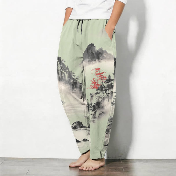 Buddha Stones Pantalones de hombre de algodón puro con estampado de paisaje de montaña lavado a la tinta, cordón ajustable y corte cónico con bolsillos. - image 8