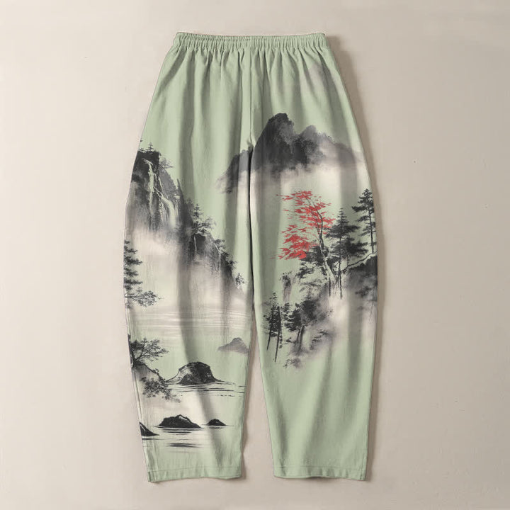 Buddha Stones Pantalones de hombre de algodón puro con estampado de paisaje de montaña lavado a la tinta, cordón ajustable y corte cónico con bolsillos. - image 10